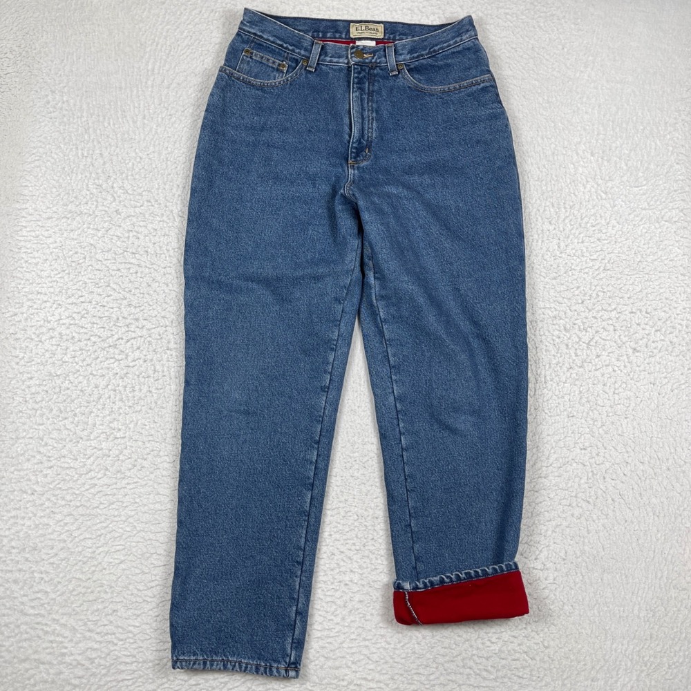 LL Bean Fleece Lined Jeans Womens 12 Reg Blue Relaxed High Rise Warm Winter Pant